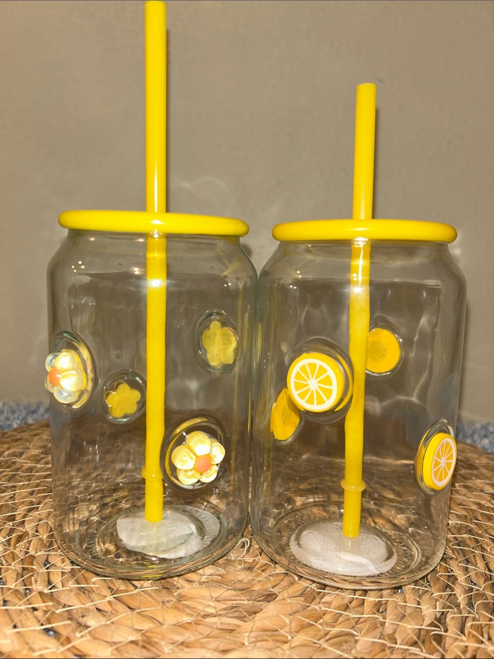 Viral Glass Tumblers With Plastic Straws & Lid  Yellow flower & lemon set TikTok
